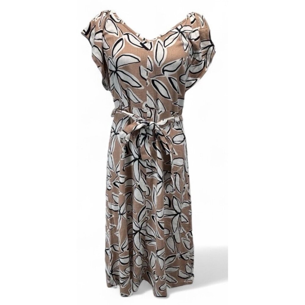 Loft V Neck Flutter Sleeve Belted Midi Dress Floral Multi Linen Blend Sz 6 NWT